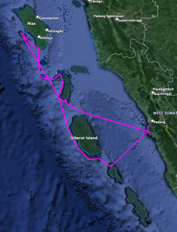 Yacht Surf Trip plan Google Earth. Padang to Telo islands