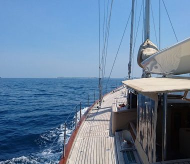 Approaching Gili islands onboard the modern classic sailing yacht Kealoha